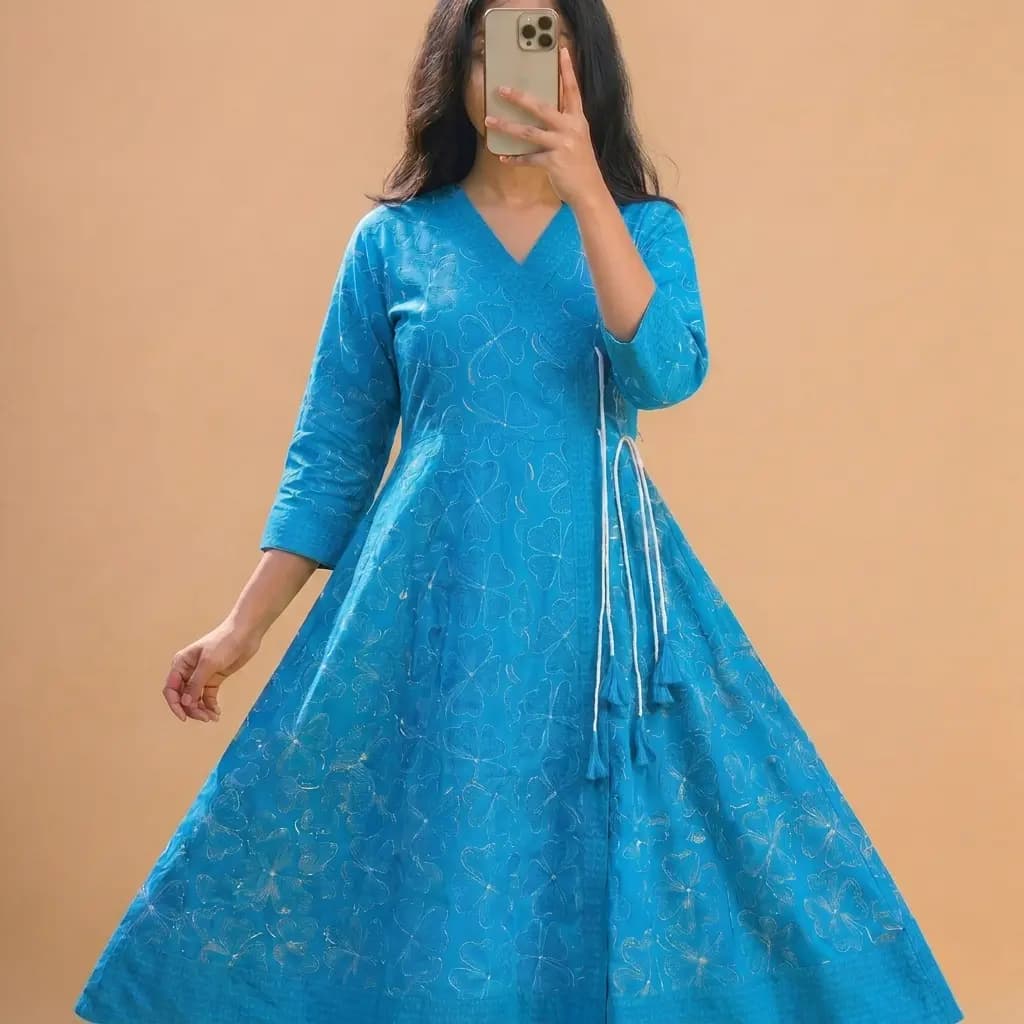 Premium Cotton Angrakha Style  Gown / Kurti  - Sky Blue 