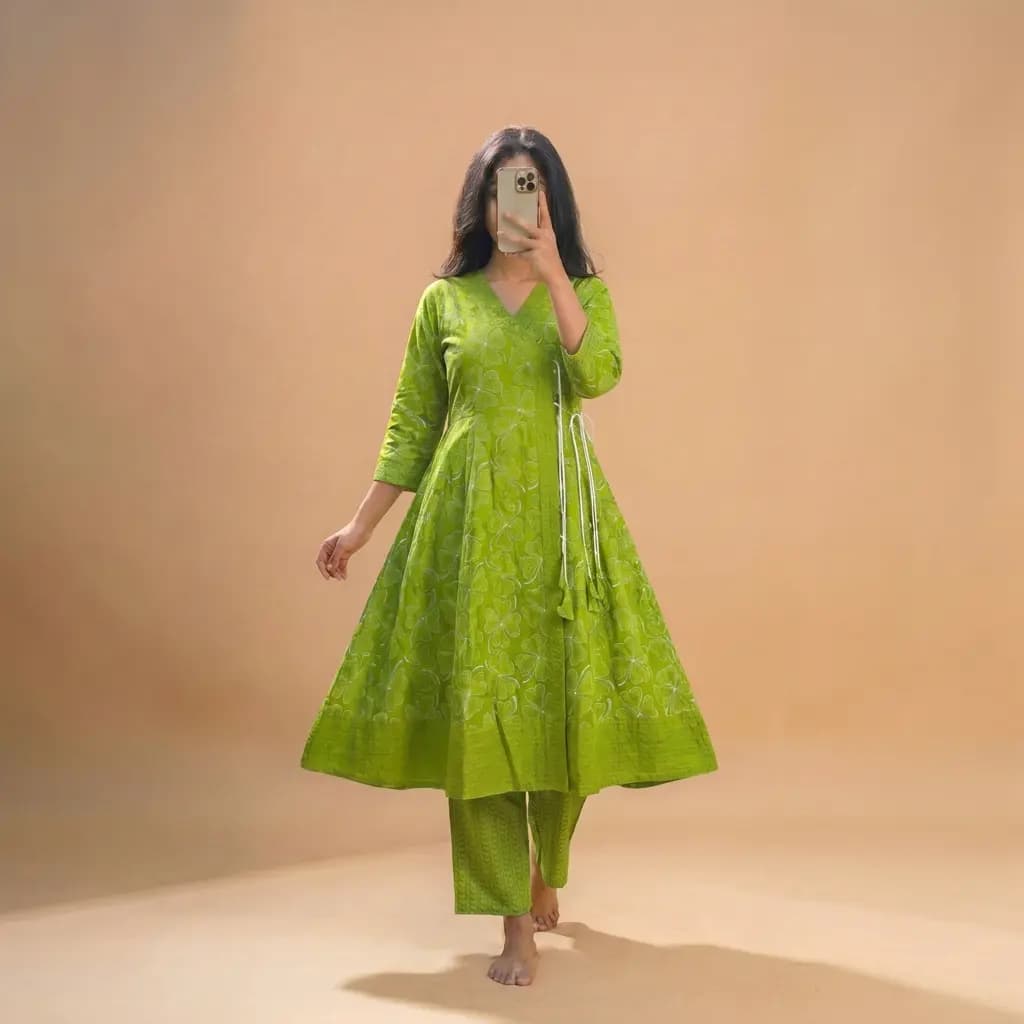 Premium Cotton Angrakha Style  Gown / Kurti  - Light Green