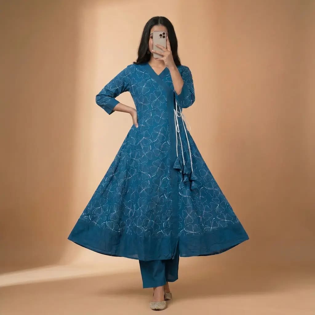 Premium Cotton Angrakha Style  Gown / Kurti  - Deep Blue