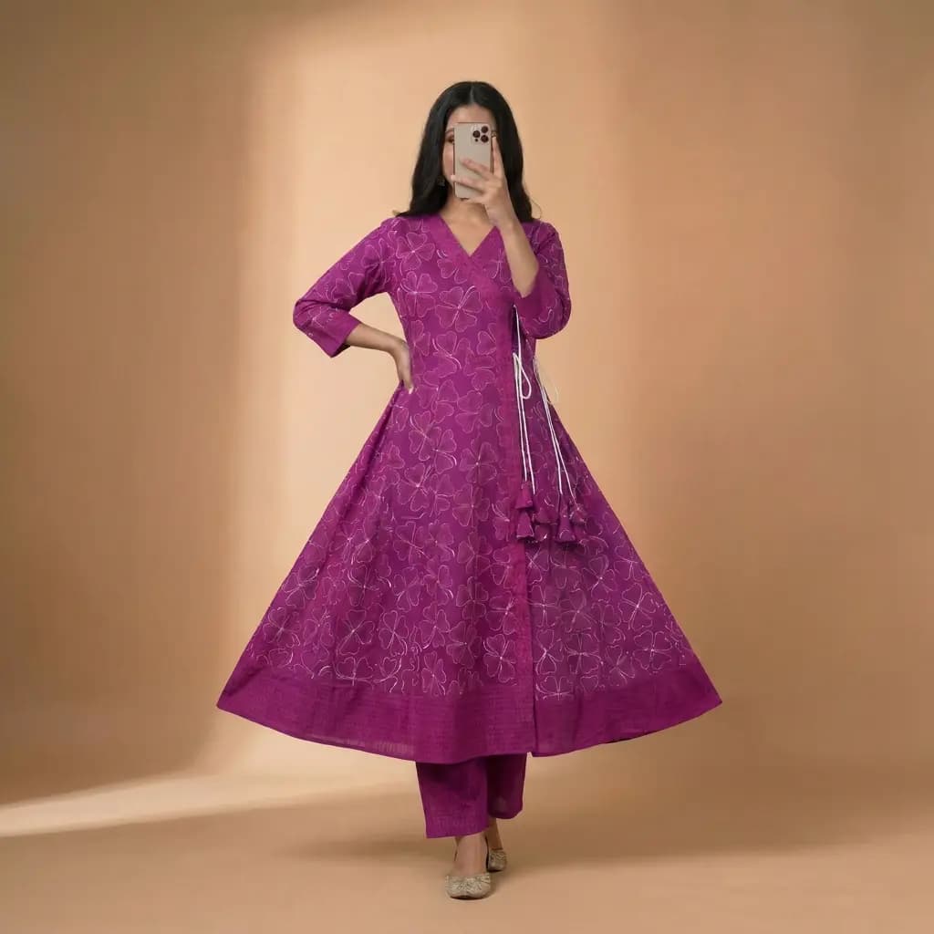 Premium Cotton Angrakha Style  Gown / Kurti  - Magenta 