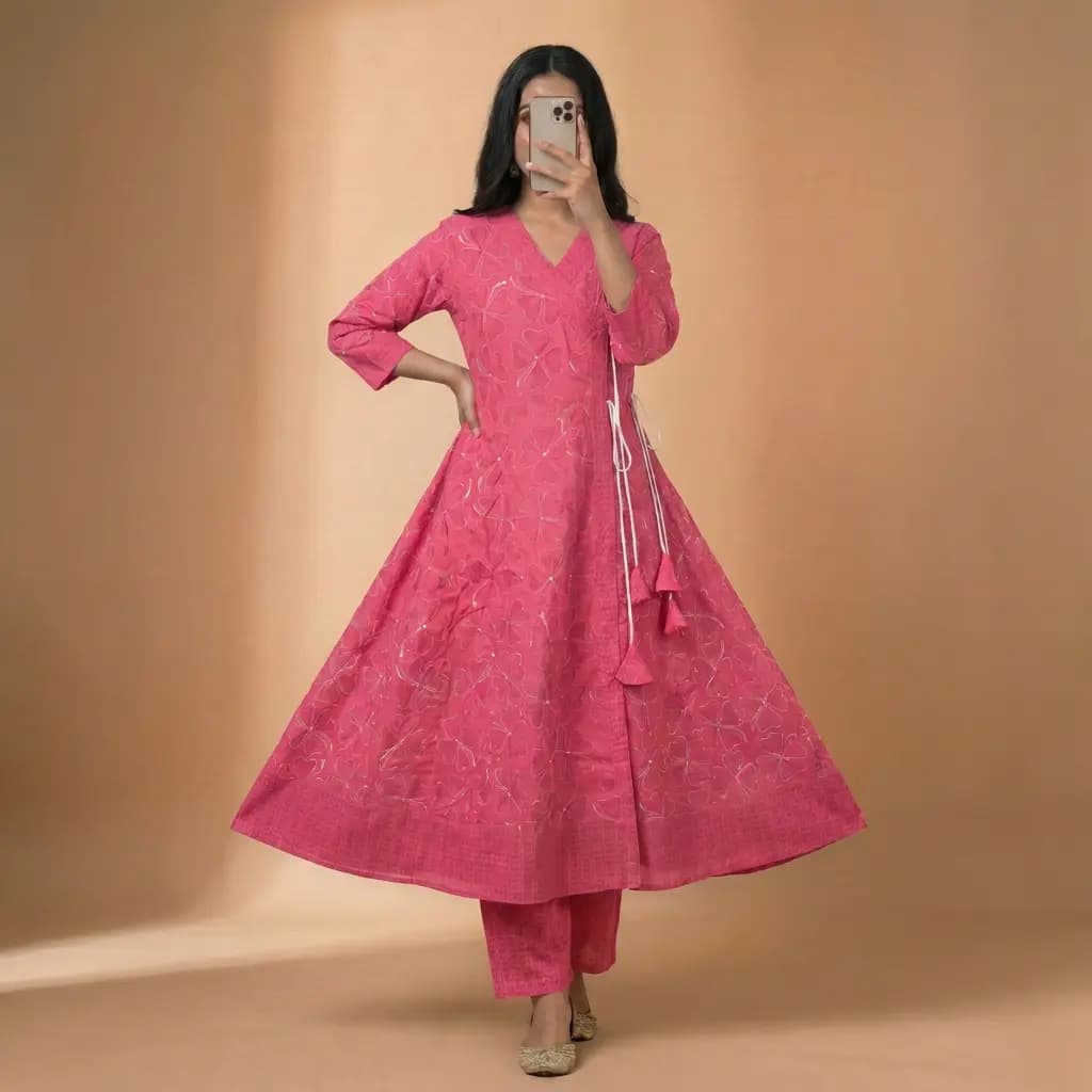 Premium Cotton Angrakha Style  Gown / Kurti  - Pink 